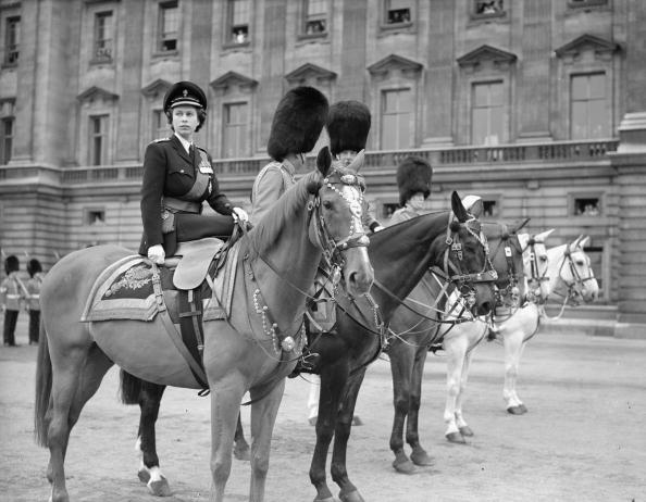 Princess Elizabeth as Colonel of the Grenadier Guards at Buckingham Palace
