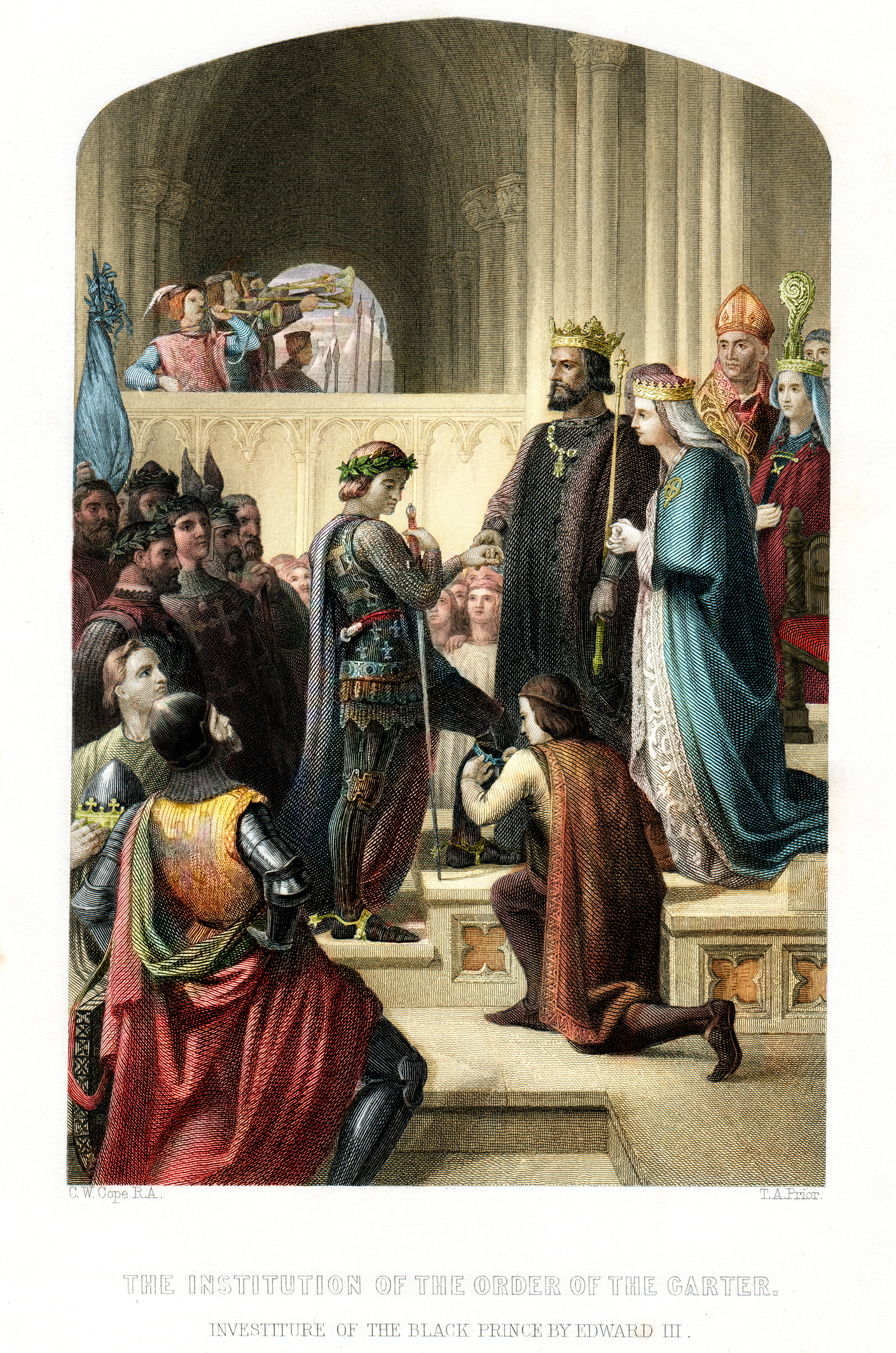 Engraving of King Edward III founding the Order of the Garter 
