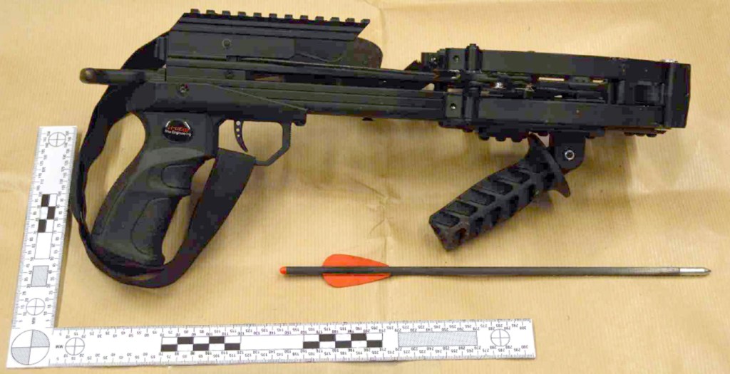 Undated handout photo issued by the Crown Prosecution Service of a crossbow which Jaswant Singh Chail, 21, was carrying when arrested, after being caught in the grounds of Windsor Castle with the crossbow which was loaded at the time. Chail, pleaded guilty to three charges, including an offence under the Treason Act, during a hearing at the Old Bailey on Friday. Issue date: Friday February 3, 2023. PA Photo. See PA story COURTS Queen. Photo credit should read: Crown Prosecution Service/PA Wire NOTE TO EDITORS: This handout photo may only be used in for editorial reporting purposes for the contemporaneous illustration of events, things or the people in the image or facts mentioned in the caption. Reuse of the picture may require further permission from the copyright holder.