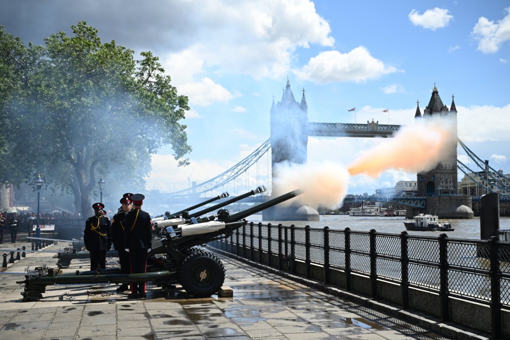 LONDON, ENGLAND - JULY 17: Members of the Honourable Artillery Company fire a 62-gun Royal Salute to mark Queen Camilla's birthday, on Tower Wharf on July 17, 2023 in London, England. (Photo by Leon Neal/Getty Images)