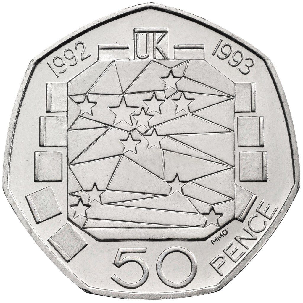 Undated handout photo issued by the Royal Mint of a 1992-1993, 50p coin celebrating the UK's presidency of the Council of Ministers and the completion of the European single market, as the Royal Mint has revealed some of the rarest coins to enter circulation during the reign of Queen Elizabeth II. Queen Elizabeth II appeared on more UK coins than any other British monarch, with approximately 27 billion coins still in active circulation, according to the Mint. Issue date: Thursday August 31, 2023. PA Photo. See PA story MONEY Coins. Photo credit should read: Royal Mint/PA Wire NOTE TO EDITORS: This handout photo may only be used in for editorial reporting purposes for the contemporaneous illustration of events, things or the people in the image or facts mentioned in the caption. Reuse of the picture may require further permission from the copyright holder.