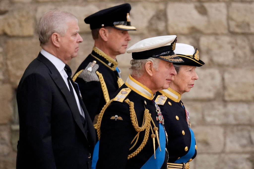 L-R clockwise: Prince Andrew, Prince Edward, Princess Anne and King Charles 